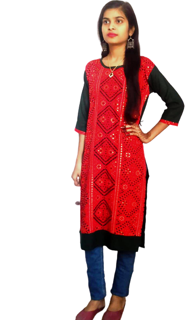 Women Red & Blue Stylist Bandhej Kurti