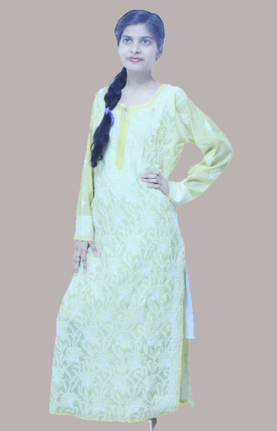 Lucknowi Chikenkari Chanderi Front Jall Kurta      