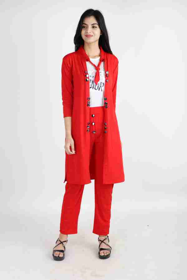 Women Ethnic Jacket, Top and Pant Cotton Lycra Blend