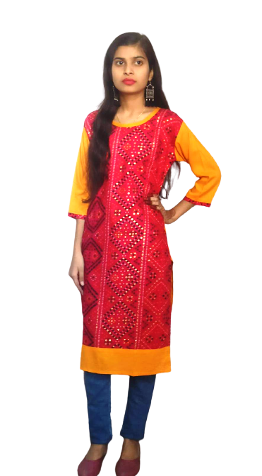 Women Red and Yellow Bandhej kurti